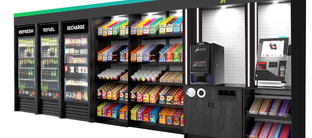 Branded vending machines stocked and maintained by a partner operator at a workplace location