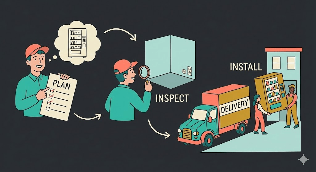 A diagram of the American Vending Group setup process from consultation to installation and ongoing service